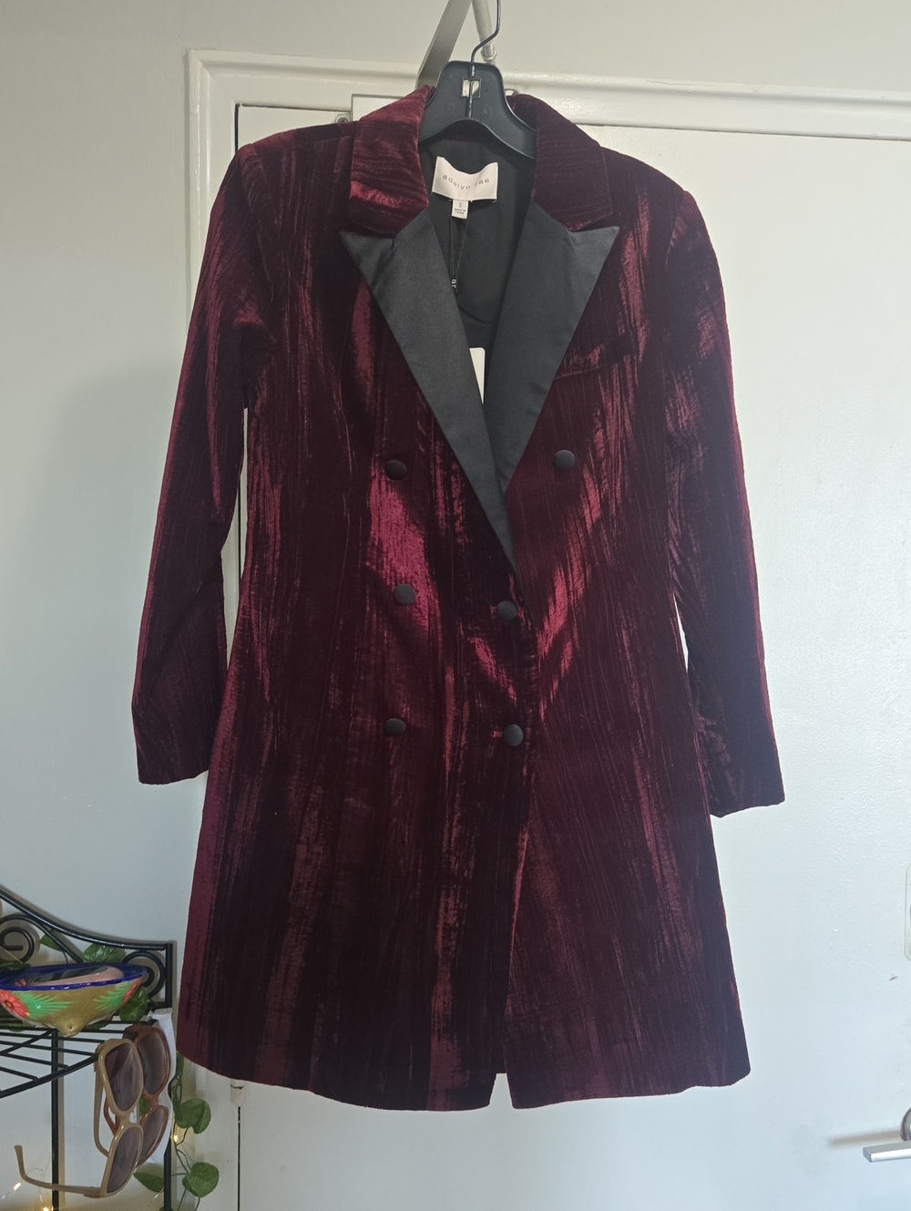 Adelyn Rae Wine Velvet Double-Breasted Blazer